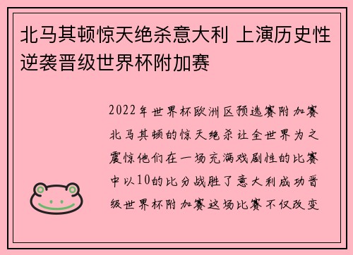 北马其顿惊天绝杀意大利 上演历史性逆袭晋级世界杯附加赛